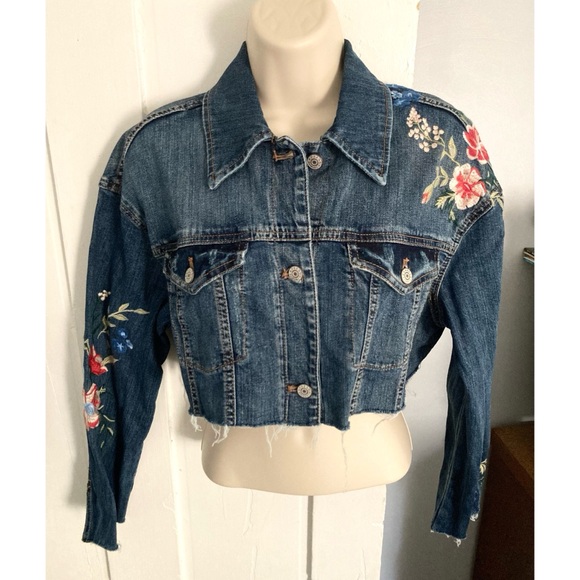 Express Custom Cropped Jean Jacket Floral Embroidery - Picture 1 of 10